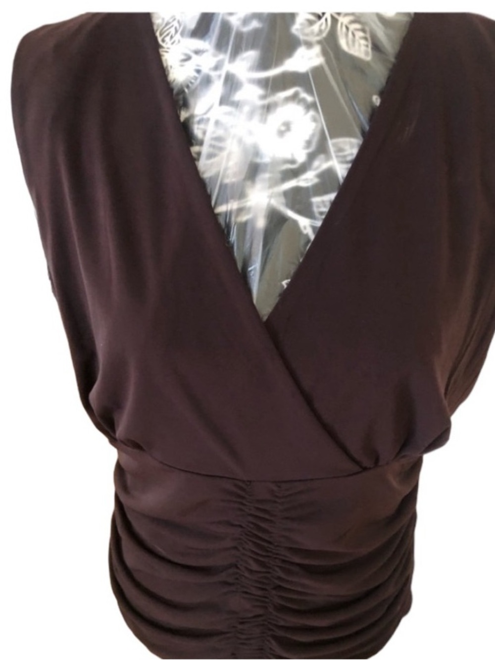 Ruched V-Neck Sleeveless Blouse in Deep Brown